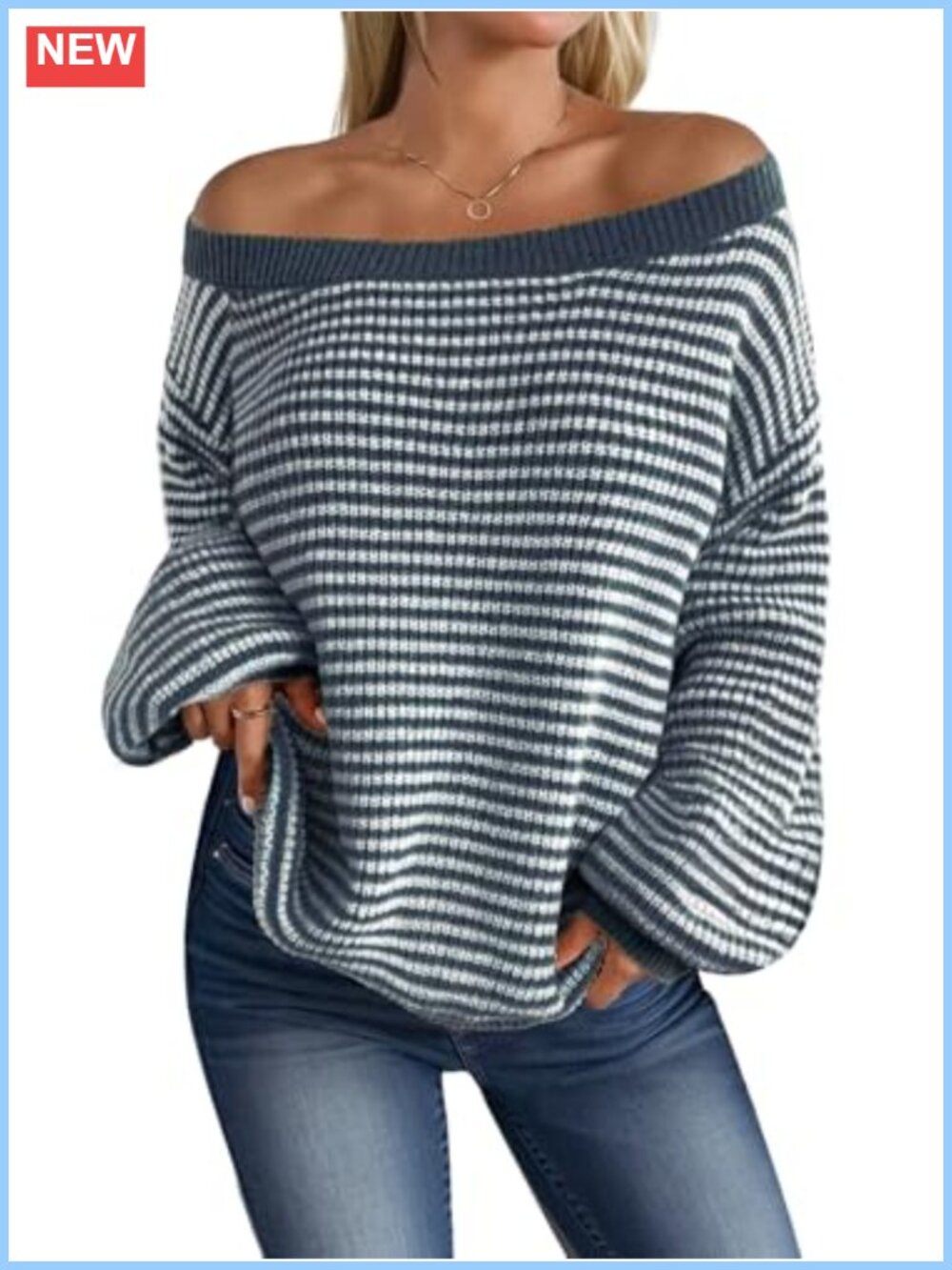 Striped Off Shoulder Oversized Pullover Sweater Long Sleeve Knit Fall Top